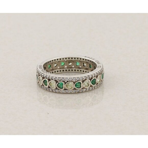 Sterling Silver Green and White Cubic Zirconia Heart Ring Size 6 - Picture 1 of 8